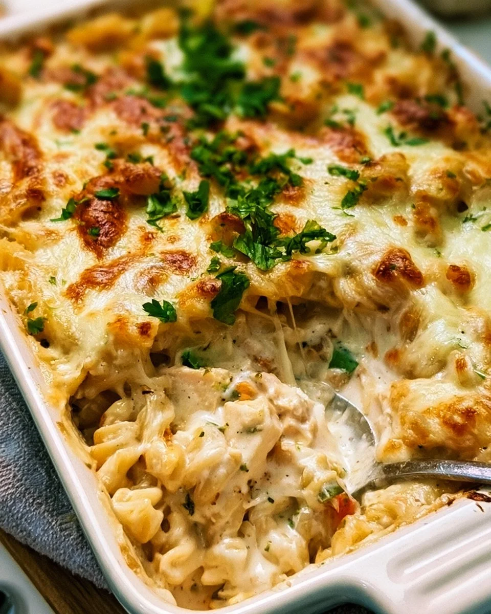 Dump-and-Bake Chicken Alfredo Casserole 1 Creamy Chicken Alfredo Casserole topped with cheese and herbs