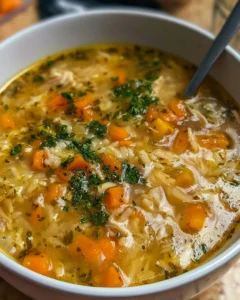 Bowl of hearty Chicken Rice Soup with fresh herbs and vegetables