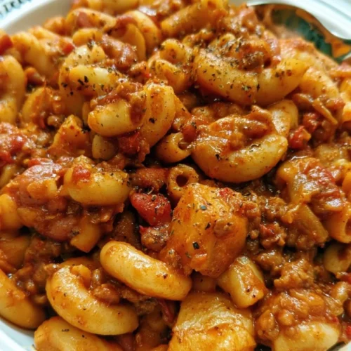 One Pot Chili Mac 2 One pot chili mac with melted cheese in a pot