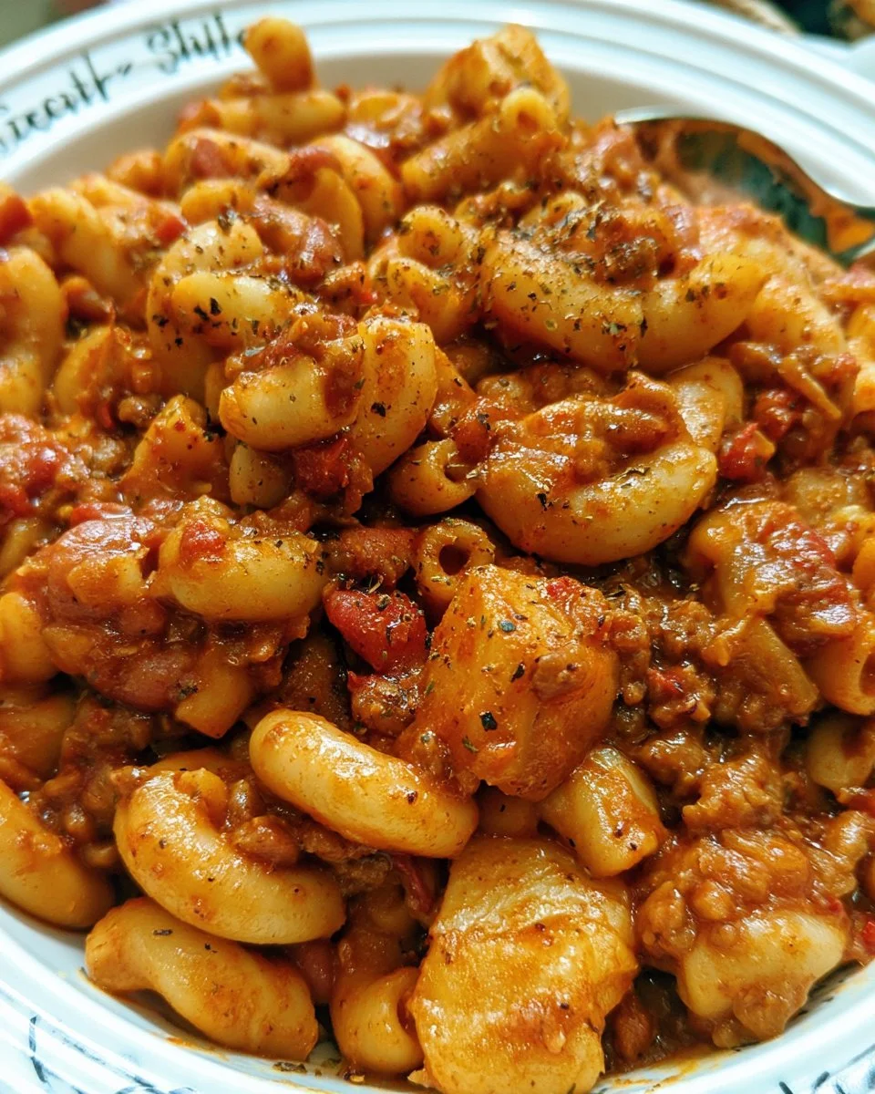 One Pot Chili Mac 1 A hearty bowl of Chili Mac with beans, pasta, and melted cheese