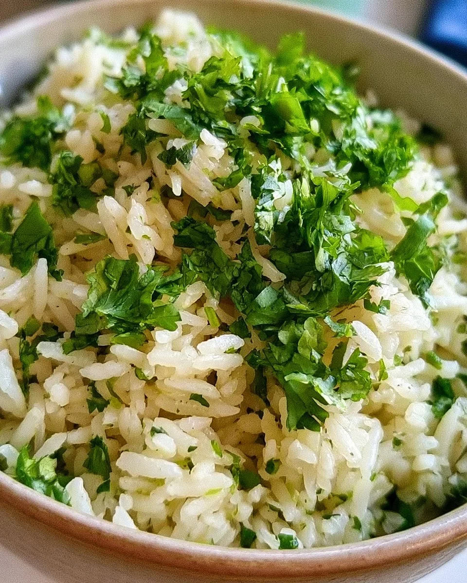 Fluffy Cilantro Lime Rice 1 Bowl of cilantro lime rice garnished with cilantro and lime wedges.