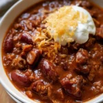 Bowl of classic homemade chili topped with cheese and herbs