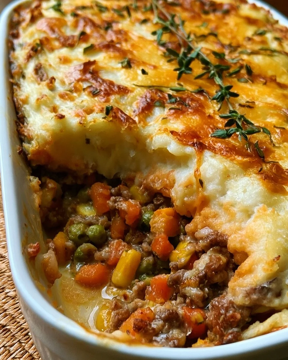 Classic Shepherd's Pie with Beef and Mashed Potatoes 1 Classic shepherd's pie in a baking dish