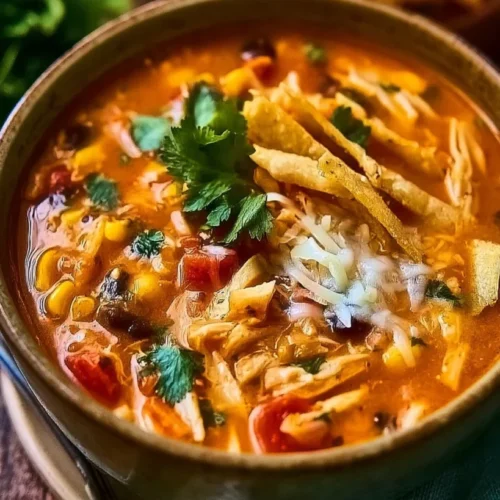 Easy Chicken Tortilla Soup (30 Minutes) 2 Bowl of comforting chicken tortilla soup with tortilla strips and garnishes