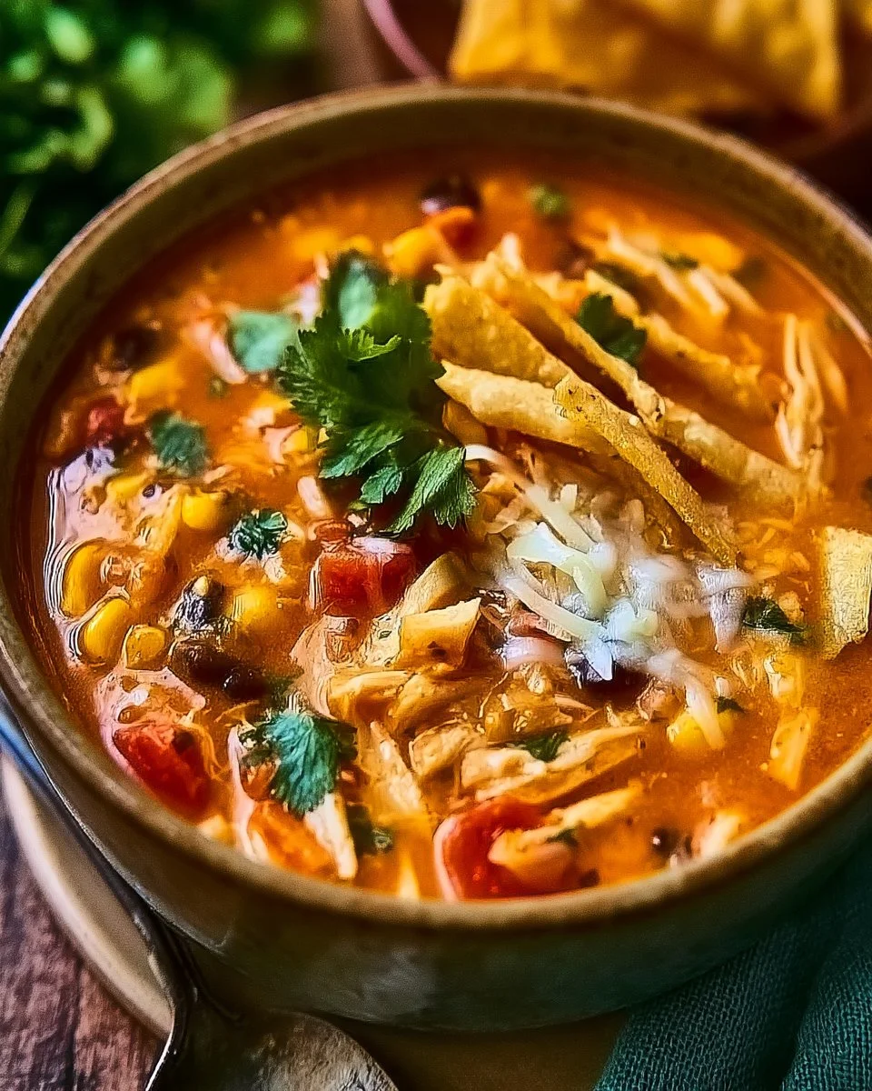 Easy Chicken Tortilla Soup (30 Minutes) 1 Bowl of comforting chicken tortilla soup with tortilla strips and garnishes