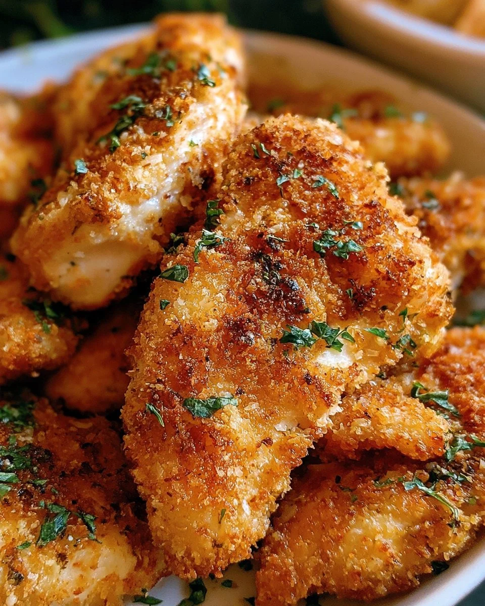 Oven-Baked Parmesan Crusted Chicken Breasts 6 Delicious Parmesan Crusted Chicken served with sides on a plate.