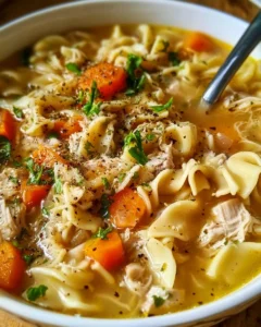 Bowl of cozy chicken noodle soup with egg noodles and fresh herbs