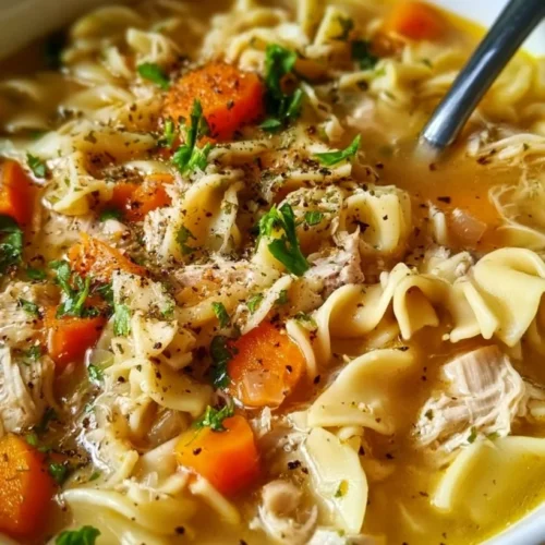 Bowl of chicken noodle soup with egg noodles, carrots, celery, and parsley