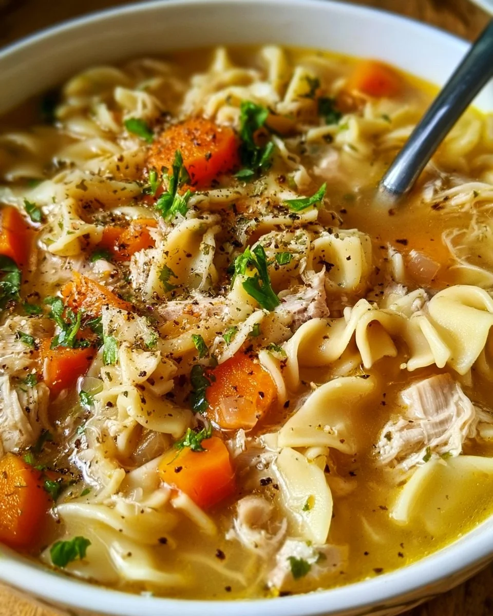 Bowl of cozy chicken noodle soup with egg noodles and fresh herbs