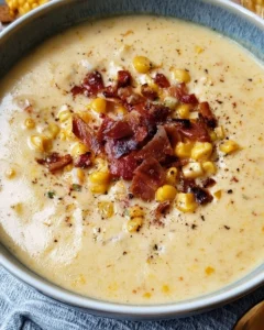 Bowl of creamy corn chowder topped with crispy bacon and herbs