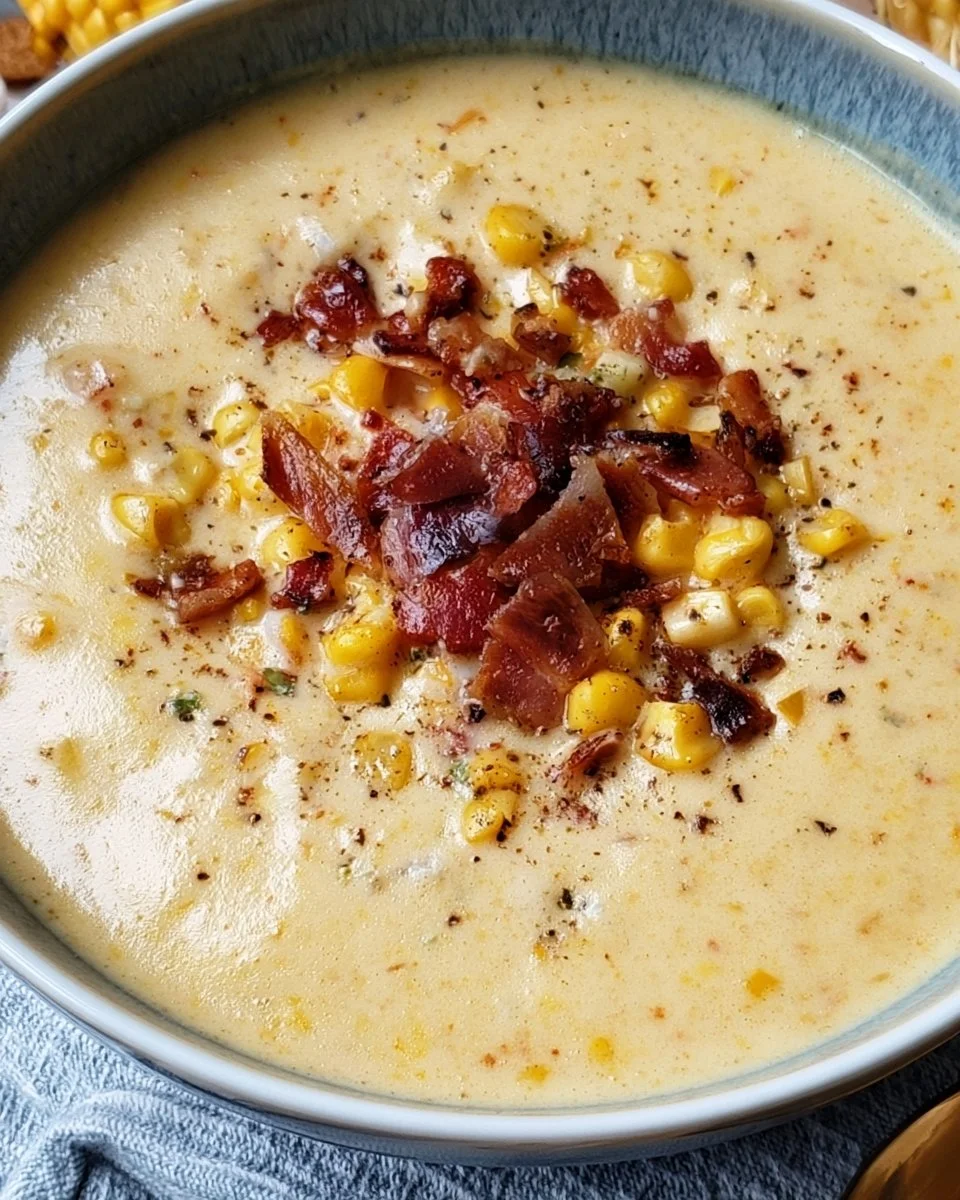 Creamy Corn Chowder with Bacon 1 Bowl of creamy corn chowder topped with crispy bacon and herbs