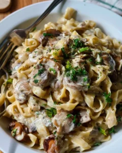 Creamy mushroom pasta dish garnished with herbs and Parmesan cheese.