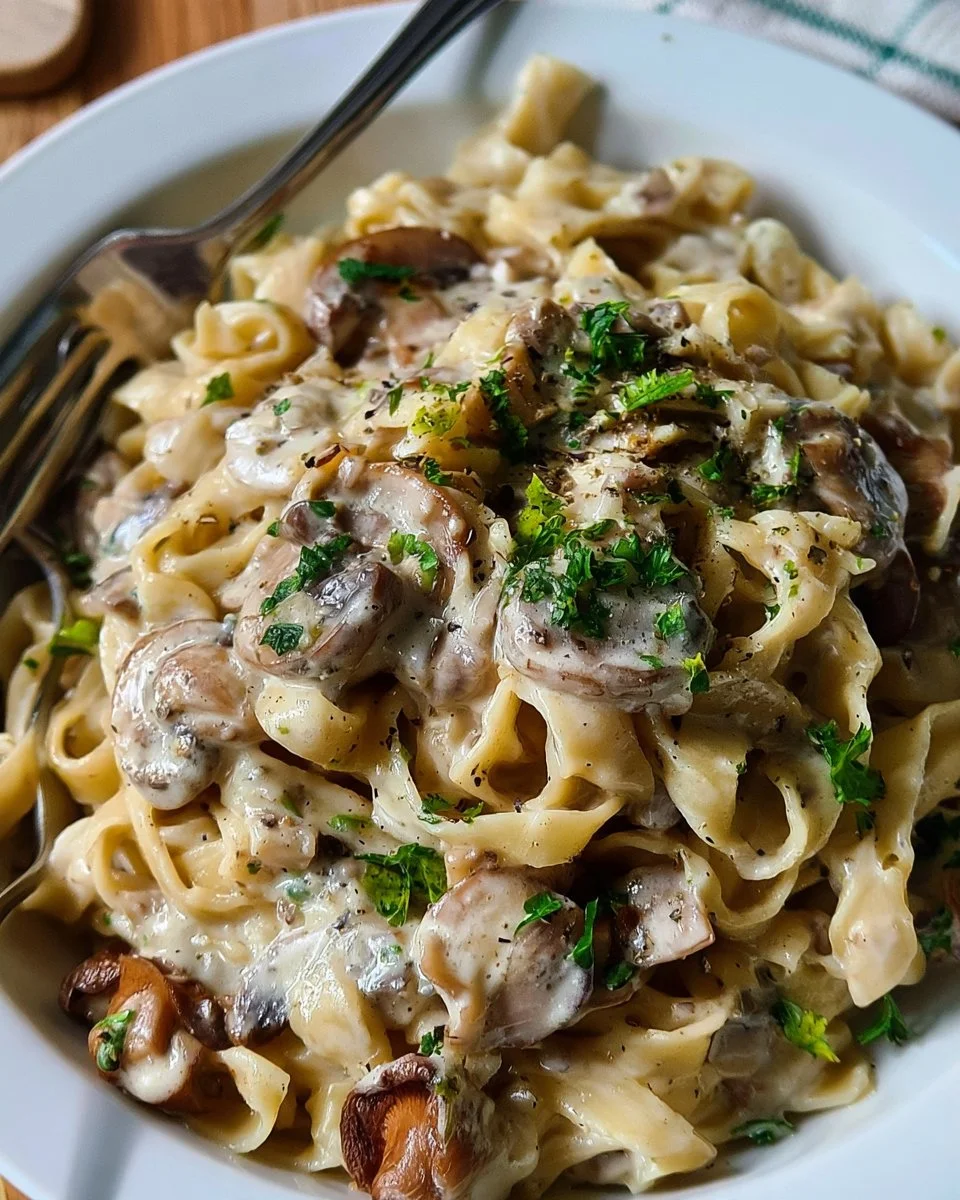 Creamy Garlic Mushroom Pasta 5 Creamy mushroom pasta dish garnished with herbs and Parmesan cheese.
