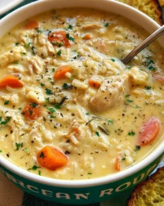 Creamy Parmesan Chicken and Rice Soup in a bowl with fresh herbs.