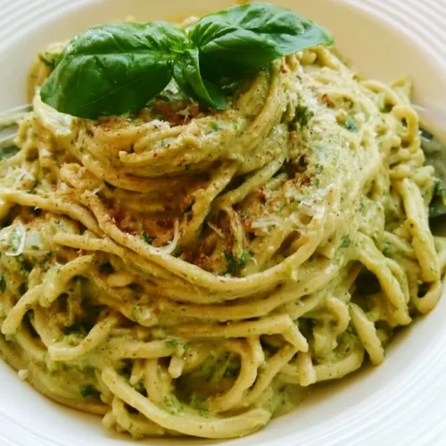 Creamy Pesto Pasta Recipe 3 Creamy pesto pasta coated in green basil sauce with Parmesan and fresh basil
