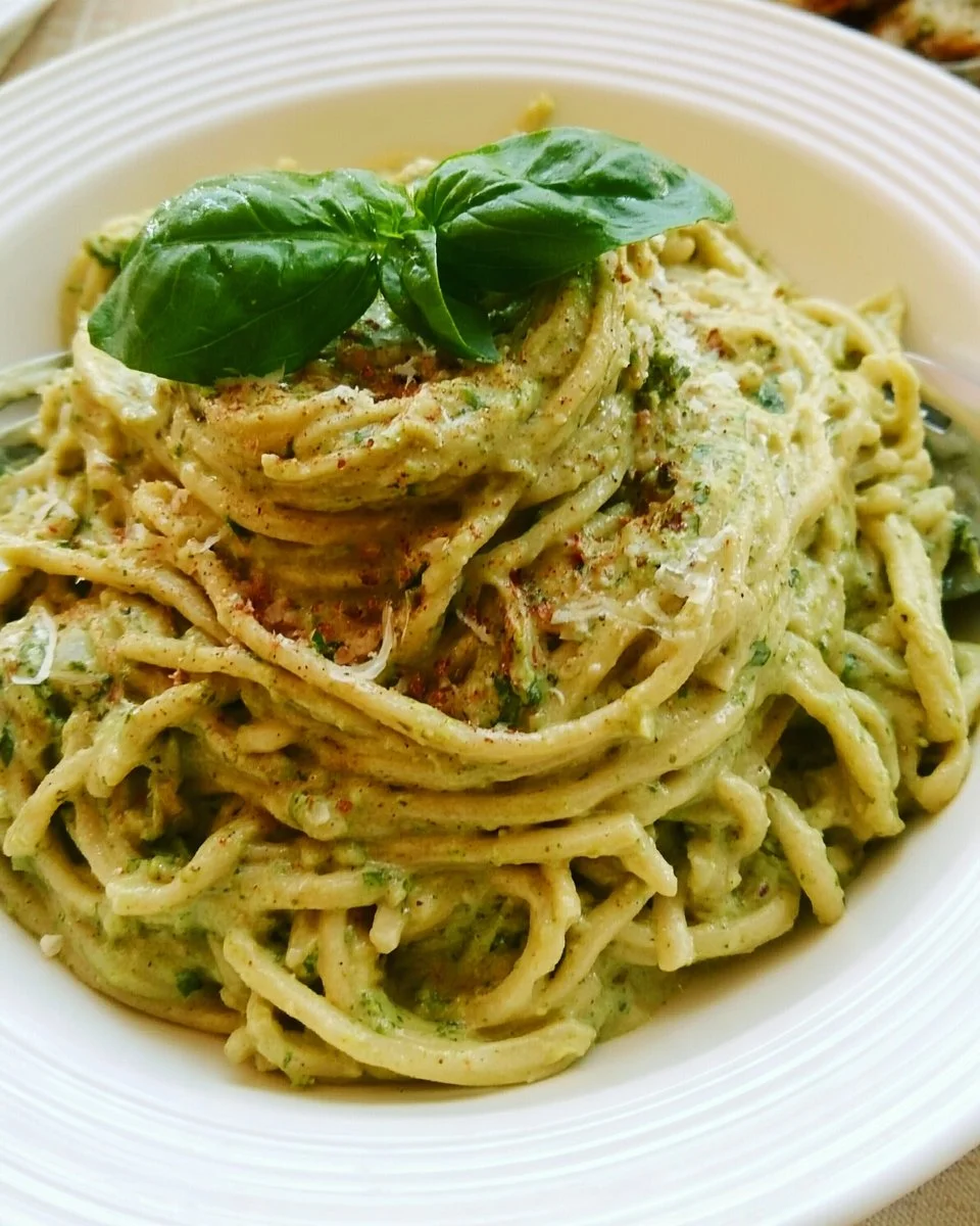 Creamy Pesto Pasta Recipe 6 Creamy pesto pasta served in a bowl with fresh basil and parmesan cheese
