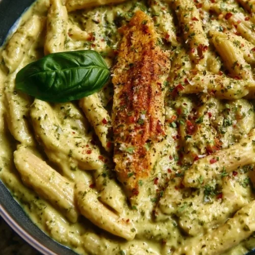 Creamy Pesto Penne with Peppers and Onions