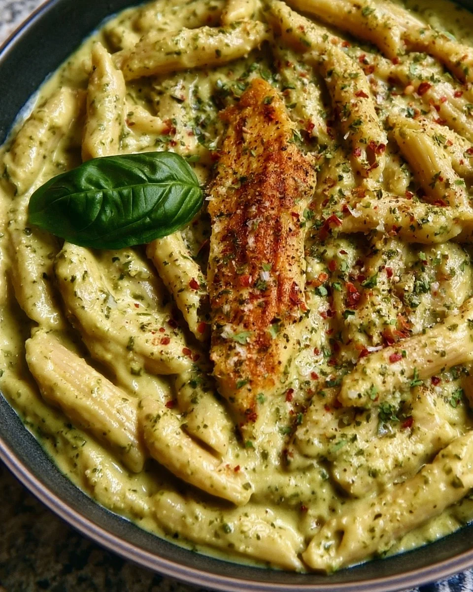 Creamy Pesto Penne with Peppers and Onions