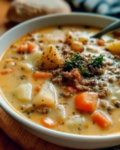 Creamy Potato and Ground Beef Soup with Cheddar