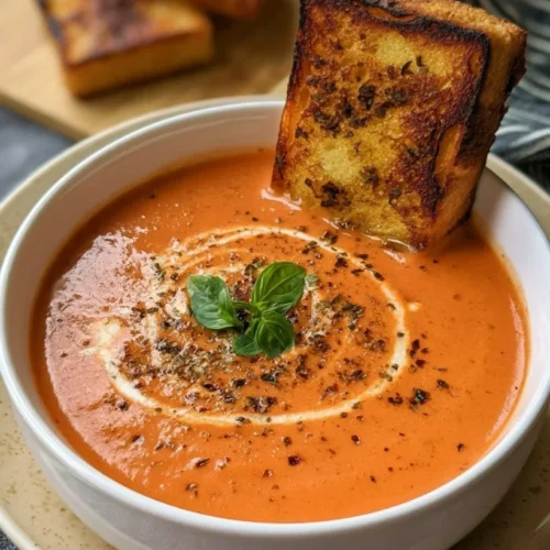 Creamy Tomato Bisque Soup 3 Bowl of creamy tomato bisque soup topped with cream and fresh basil