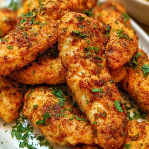Golden seasoned air fryer chicken tenders with no breading on a plate