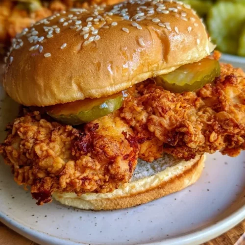 Crispy Pickle Brine Chicken Sandwich 3 Crispy fried chicken sandwich with pickles on a toasted bun