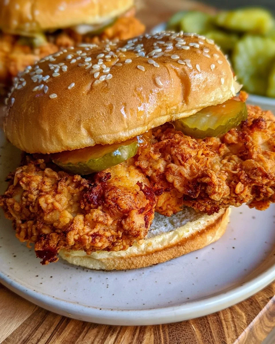 Crispy Pickle Brine Chicken Sandwich 6 Crispy fried chicken sandwich with pickles on a toasted bun