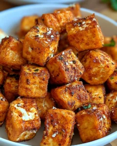 Crispy garlic tofu bites cooked in an air fryer, garnished and ready to serve.