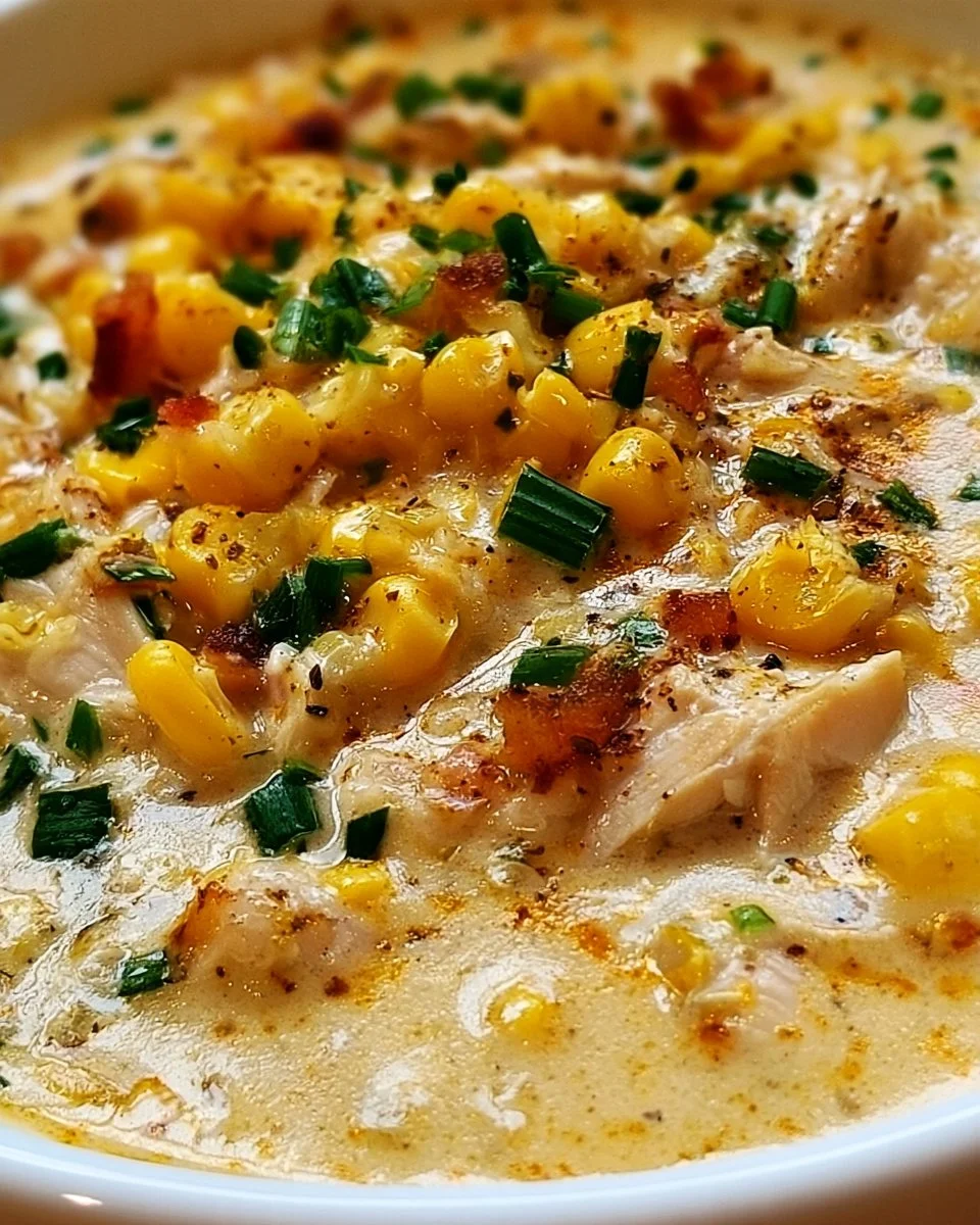 Bowl of crockpot chicken corn chowder