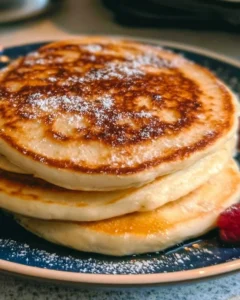 Stack of fluffy pancakes topped with syrup and berries