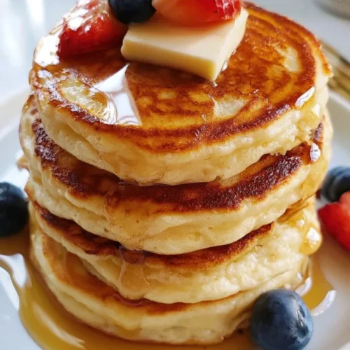 Diner-Style Fluffy Pancakes 3 Tall stack of diner-style fluffy pancakes with butter and maple syrup