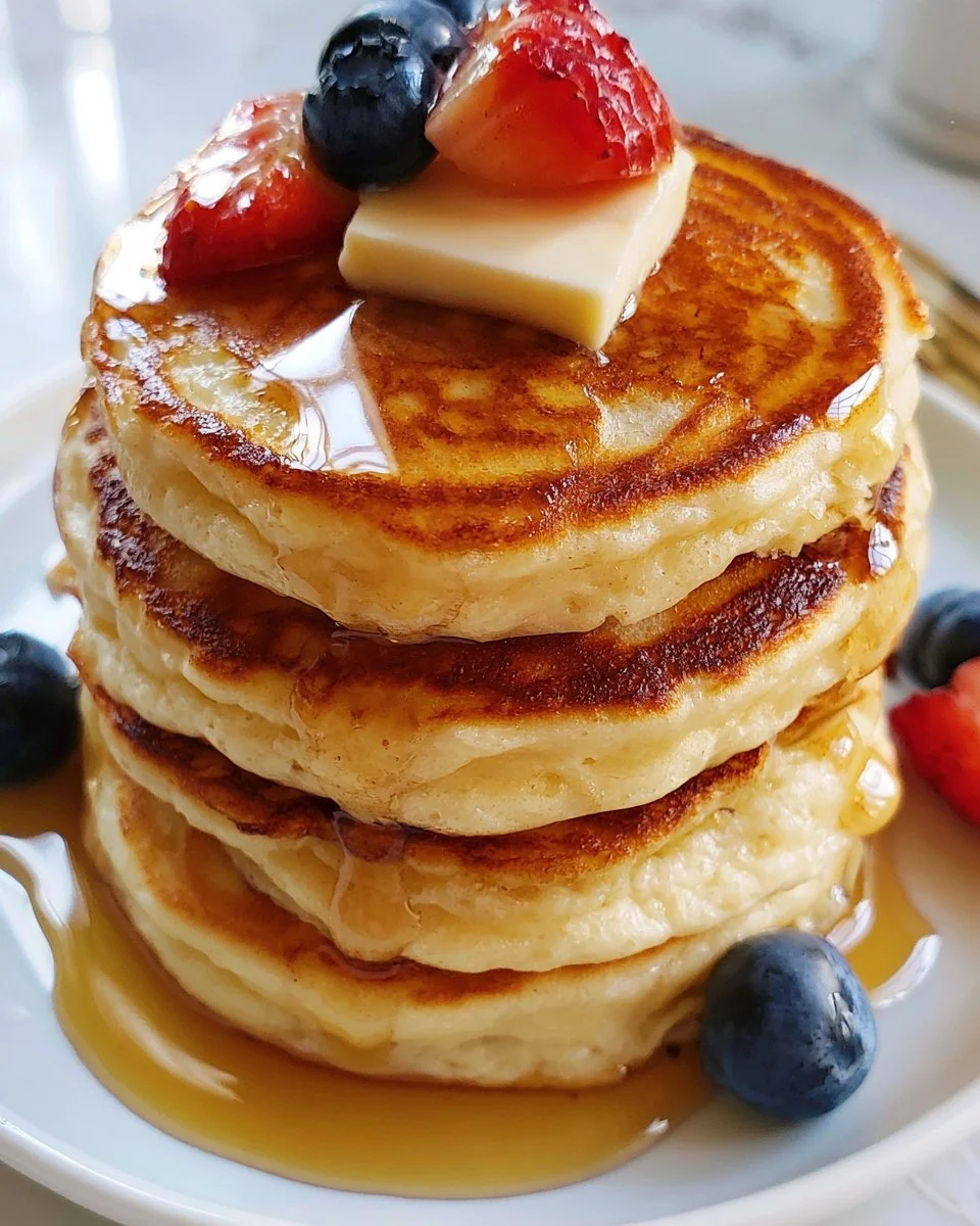 Diner-Style Fluffy Pancakes 5 Delicious fluffy pancakes stacked high on a plate with syrup and berries
