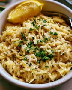 Delicious Garlic Butter Lemon Orzo with Parmesan served in a bowl