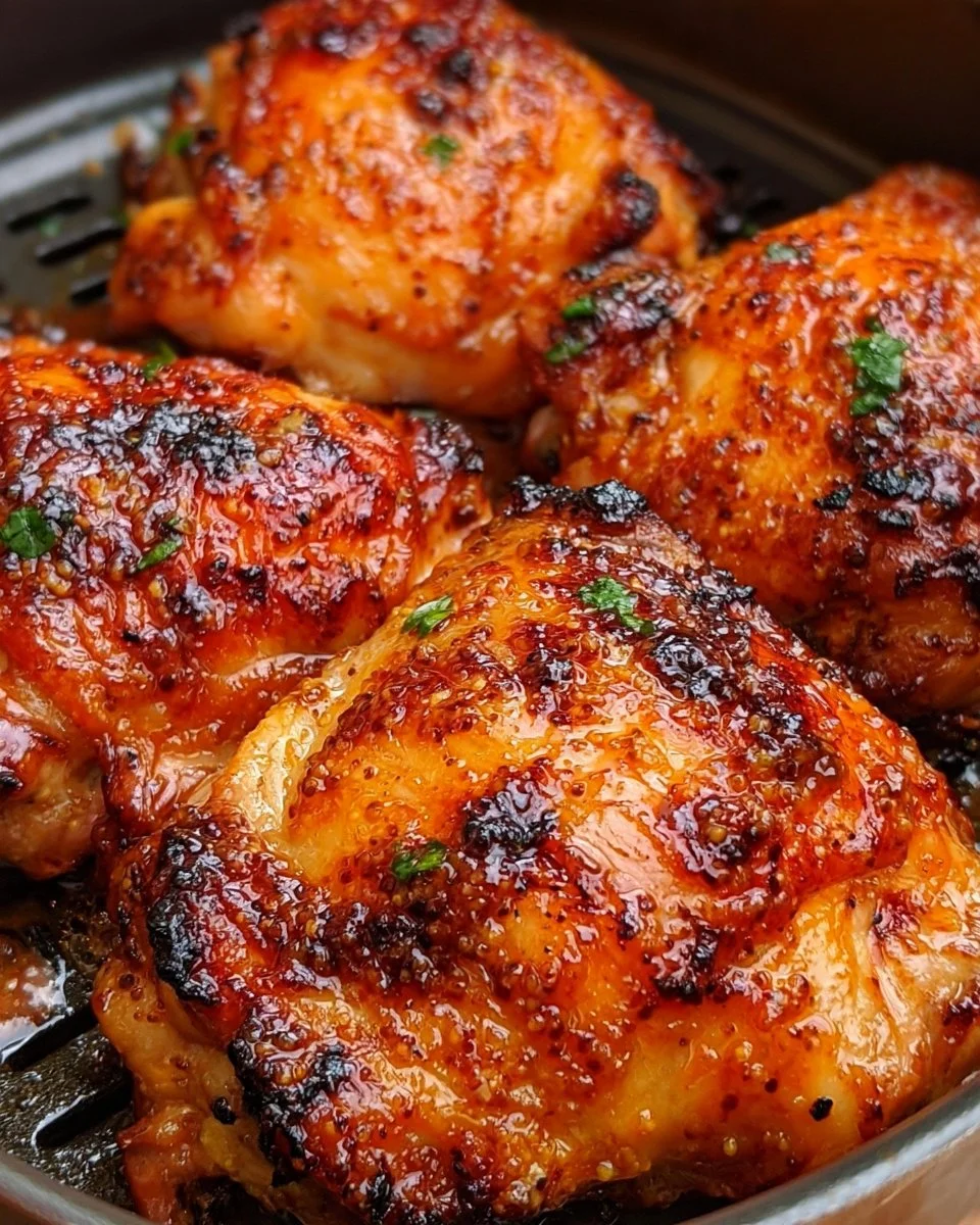 Air Fryer Honey Mustard Chicken Thighs 6 Golden Air Fryer Honey Mustard Chicken Thighs served on a plate
