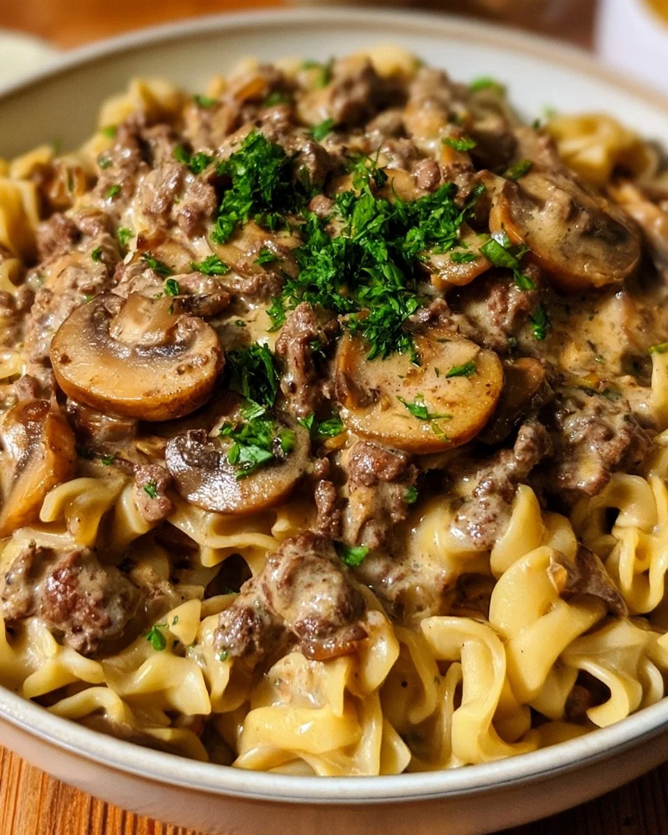 Creamy Ground Beef Stroganoff with Mushrooms 5 Ground Beef Stroganoff served in a rustic bowl