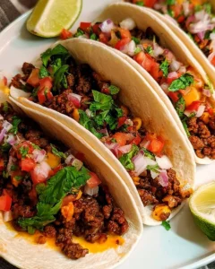 Delicious homemade ground beef tacos with fresh toppings and seasonings