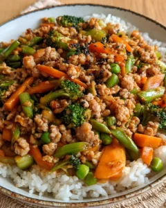Ground turkey teriyaki stir fry with broccoli and carrots