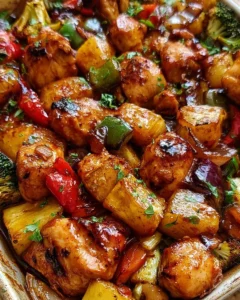 Hawaiian Chicken Sheet Pan meal with vibrant vegetables and pineapple