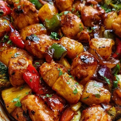 Hawaiian Chicken Sheet Pan meal with vibrant vegetables and pineapple