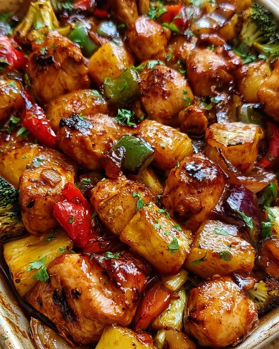 Hawaiian Chicken Sheet Pan meal with vibrant vegetables and pineapple