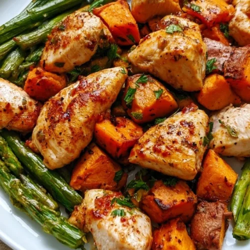 Healthy Chicken and Sweet Potato 3 Healthy roasted chicken breast with caramelized sweet potato cubes on a plate