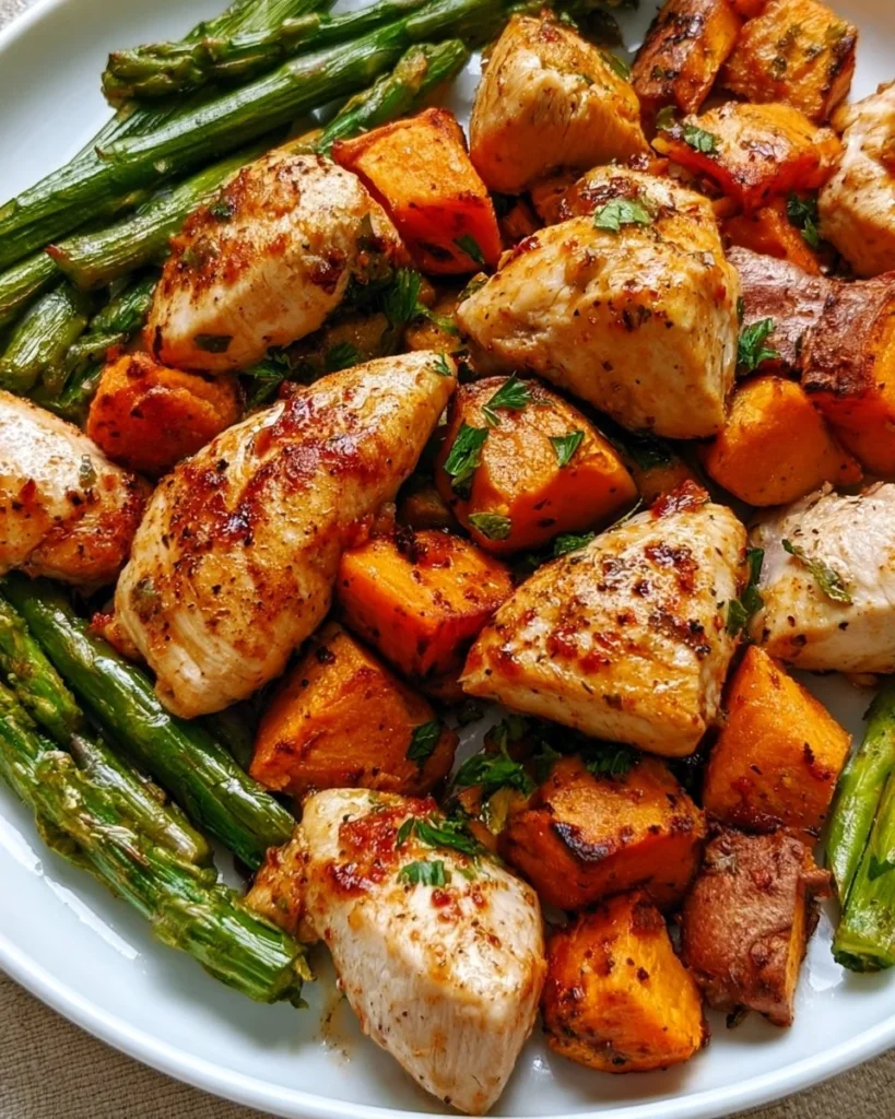 Healthy Chicken and Sweet Potato 2 Healthy roasted chicken breast with caramelized sweet potato cubes on a plate