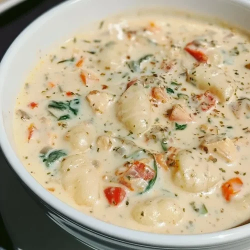 Homemade Olive Garden Chicken Gnocchi Soup 3 Bowl of creamy chicken gnocchi soup with spinach, carrots, and Parmesan