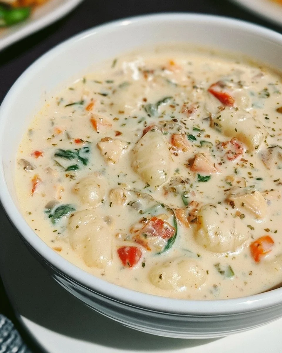 Homemade Olive Garden Chicken Gnocchi Soup 3 Bowl of homemade Olive Garden chicken gnocchi soup topped with herbs