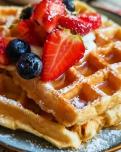 Delicious homemade waffles served with fresh berries and syrup