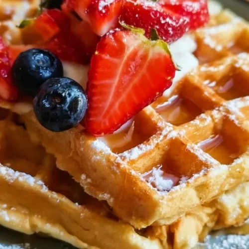 Homemade Waffles 3 Golden homemade waffles topped with butter, maple syrup, and fresh berries