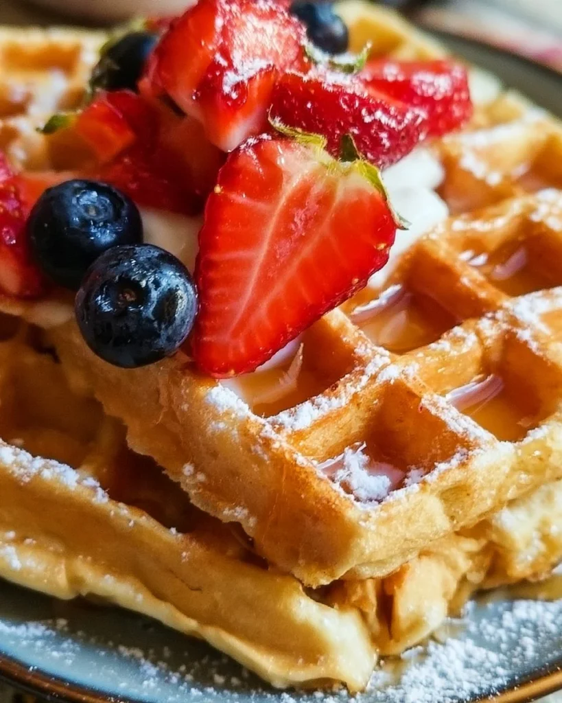 Homemade Waffles 2 Golden homemade waffles topped with butter, maple syrup, and fresh berries