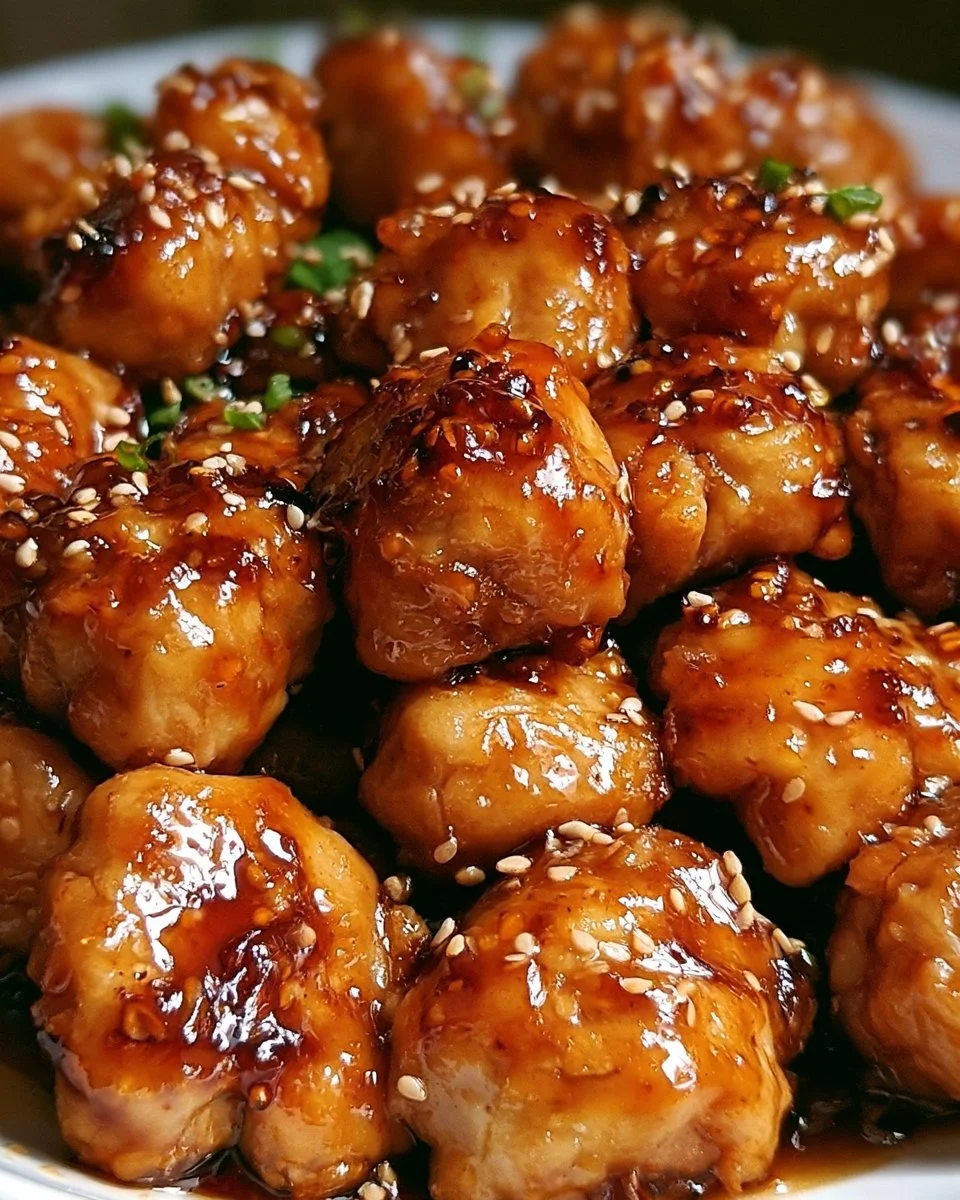 Honey Garlic Chicken Bites 1 Plate of Honey Garlic Chicken Bites garnished with herbs