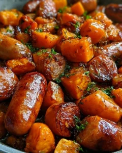 Honey garlic chicken sausage and sweet potatoes