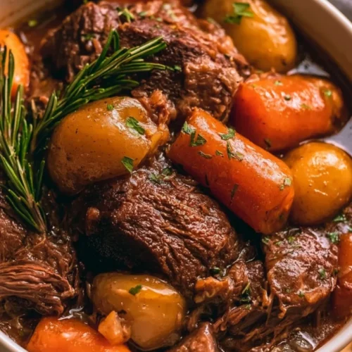 Tender Instant Pot chuck roast with potatoes and carrots and gravy
